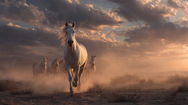 A group of white horses galloping freely across the vast landscape under a dramatic sky. This image captures a moment of raw power, freedom and beauty.