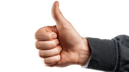 Detail shot of human thumbs up gesture with fine texture that can provide visual support for human interaction and digital content on transparent background