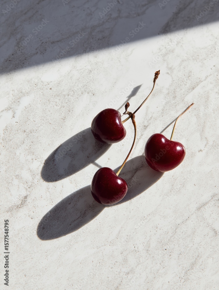 Poster close-up view of cherry stems casting shadows on marble surface with minimal color scheme and open s
