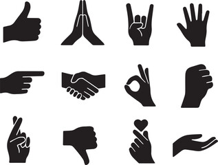 A Variety of Hand Gestures in Silhouette Expressing Diverse Meanings and Emotions Through Universal Body Language Communication Symbols