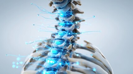 Highly detailed 3D rendering of a human spine with glowing neural pathways, illustrating advanced medical technology and future healthcare innovations.