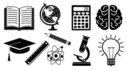 A glyph icon set in black silhouette style, featuring various scientific and academic symbols including an open book, globe, calculator, graduation cap, brain, magnet, ruler, and lightbulb. Each icon 