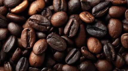 Fototapeta premium Roasted coffee beans, showcasing a rich array of brown tones, fill the frame