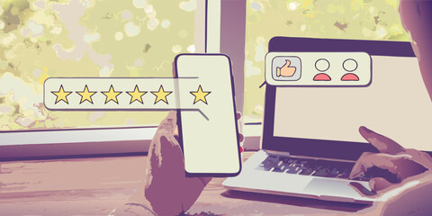 Person giving positive feedback with stars and thumbs up