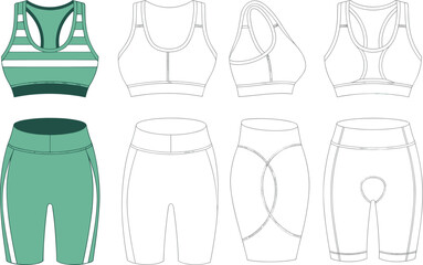 Women’s sports bra and biker shorts technical flat sketch, front side back views, activewear fashion design, workout fitness clothing illustration