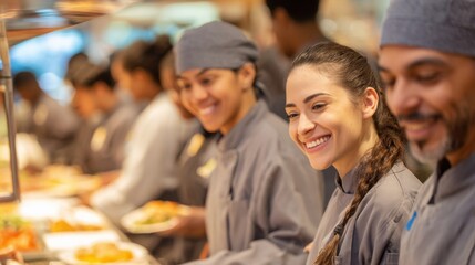 Obraz premium Cheerful restaurant staff are smiling as they are serving food in a cafeteria