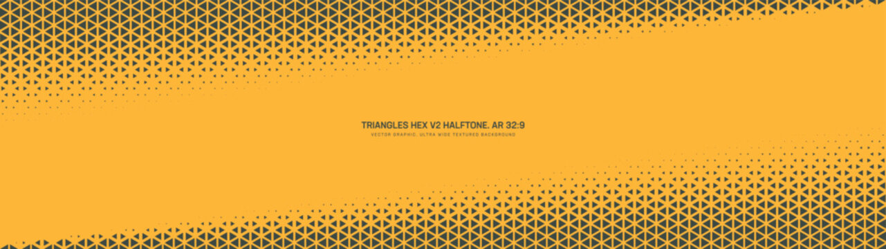 Triangular grid halftone pattern angular frame ultra wide 32:9 aspect ratio vector yellow black abstract background. Half tone texture panoramic ultrawide format retro futuristic graphical abstraction