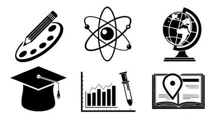 A minimalist black silhouette icon set depicting educational subjects: art palette, atom symbol, globe with location pin, bar graph, certificate scroll, and open book. Icons designed in a flat glyph s