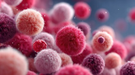 Abstract Pink Peach Maroon Fuzzy Spheres Floating on Blue Background for Presentation or Display