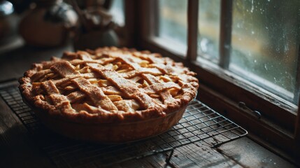 Freshly baked apple pie on a wire rack by a window