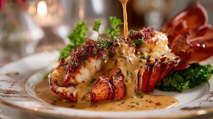 Fine dining close-up elegant lobster dish preparation in restaurant