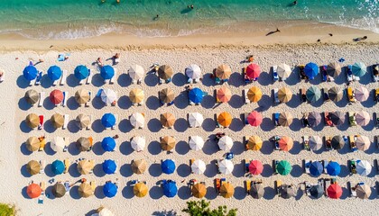  impresionante vista aérea de una playa de arena dorada durante un día soleado.
La imagen está dominada por filas de sombrillas de playa y tumbonas organizadas de manera ordenada sobre la arena.