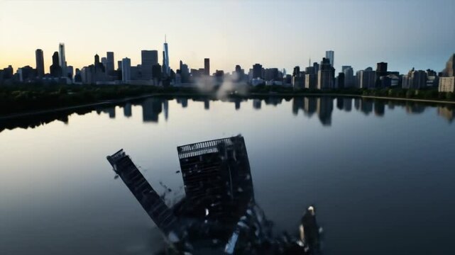 High-rise building explosion with mirrored reflection on river during final collapse. Clean delivery &ndash; no audio, full creative freedom.