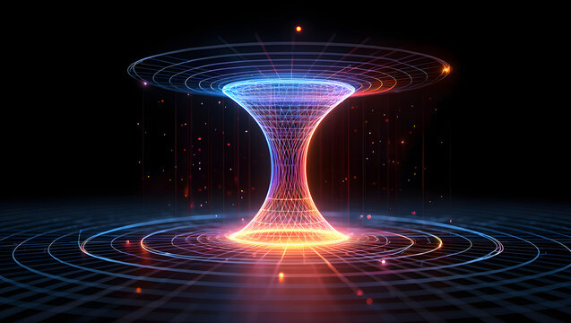 Photo of a futuristic abstract wormhole with glowing lights and particles