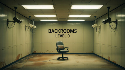 Backrooms Level 0: An eerily empty space is depicted. a solitary chair sits centered, while the stark lighting and walls of this seemingly endless area. evoking a sense of loneliness and isolation.