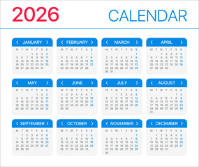 2026 Calendar - vector template graphic illustration - Week starts on Monday