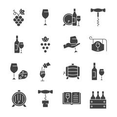 Wine glyth icon set. Vector collection with glass, grape, barrel, bottle, cheese.