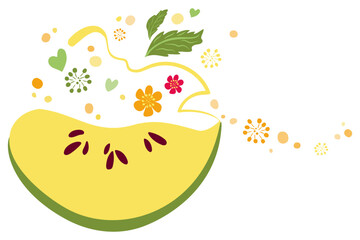 Green apple slice surrounded by flowers, mint leaves, hearts and bokeh. Vector stylized ripe fruit in flat style. Wave of fragrant flowers and juicy bubbles. Isolated drawing of healthy apple fruit