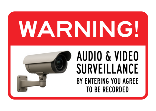 Audio Video Surveillance Warning Sign – Security Notice with Camera Icon – High Quality Stock Image