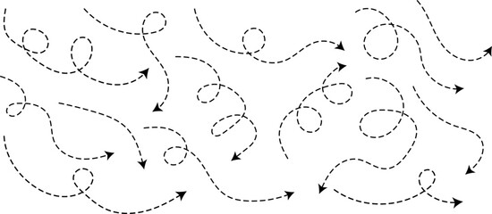 Hand drawn curve dotted line arrow set. Sketch curved dashed arrows design. curved hand drawn arrows. Zigzag arrow stripes design with dotted lines
