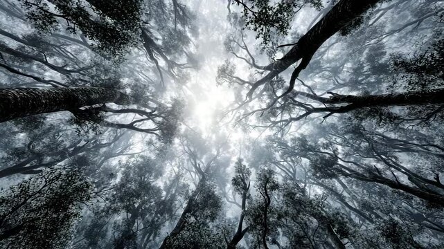 天を見上げる森の木々：霧に包まれた空
