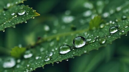 Close-up view of dew drops clinging to vibrant green leaves.