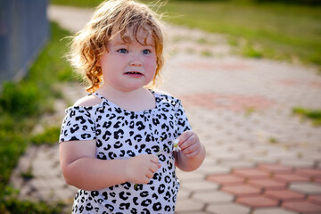 In a sunny park a young child with curly hair focuses on tearing petals from a bright daisy
