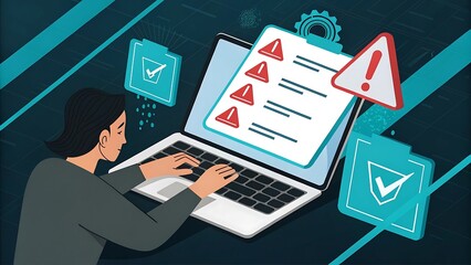 Woman working on laptop with alerts and checklist