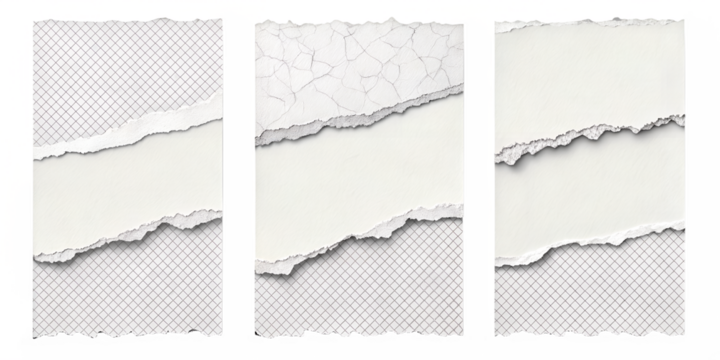 Three vertical panels with torn paper textures and cracked wall overlay isolated on transparent background