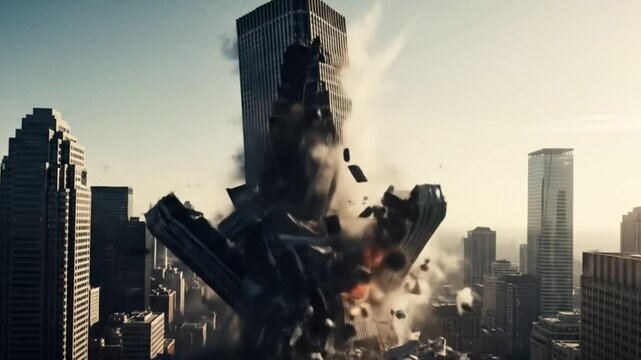 High-rise building explosion with brutal structural collapse and debris cloud. Clean delivery &ndash; no audio, full creative freedom.