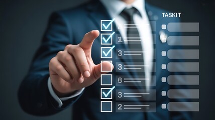 Businessman checks off tasks on a digital list with numbers