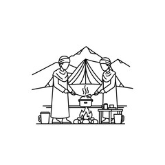 Campers cooking over fire with mountains in background