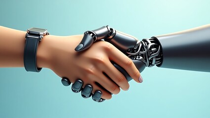 Robot hand shakes human hand in a futuristic agreement