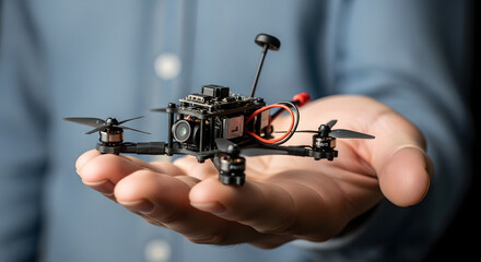 Person holding a miniature quadcopter surveillance drone in hand