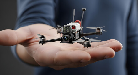 Person holding a miniature quadcopter surveillance drone in hand