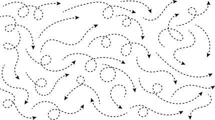 Hand drawn curve dotted line arrow set. curved pointers sign. Sketch curved dashed arrows. signpost showing a confusing complex path. Dashed arrows
