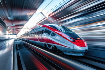 Fototapeta premium Modern high speed train moving fast on the railway, modern transportation