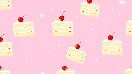 Delightful watercolor illustration of sliced layered cake with cherries on pink background