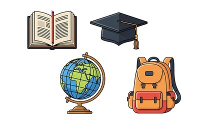 Graduation cap with diploma books and global education icons illustration