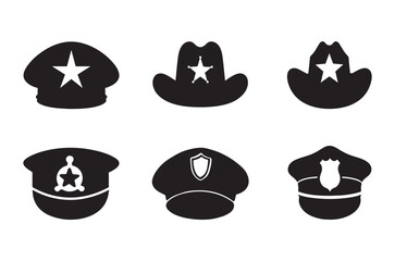 Black Police Hat Icon Set in Flat Style. Realistic Police Officer Uniform Headgear with Badge, Law and Justice Vector.