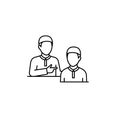 Line art of two male characters talking and using a mobile device