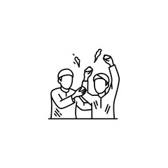 Line art of two people celebrating and cheering