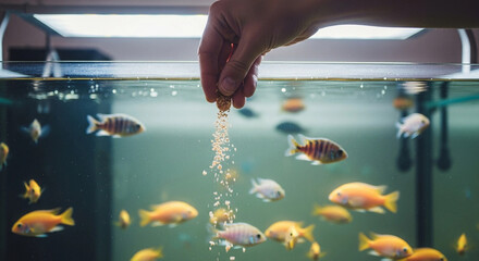 Hand sprinkles fish food into aquarium, vibrant colorful fish swimming leisurely