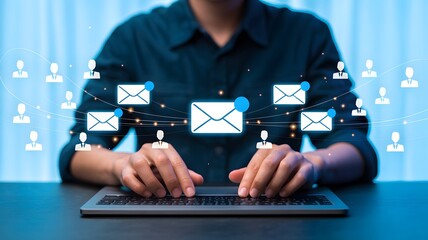 Business professional working on a laptop sending emails, connecting with clients through email marketing and social media networks.