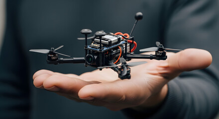 Close-up of a hand holding a small, custom-built FPV micro drone