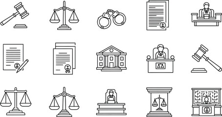 A collection of outline icons representing law and justice related items
