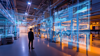 Photo of a man in a factory observes digital data visualizations for production analysis
