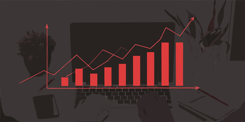 Obraz premium Red bar graph and line chart on laptop business finance