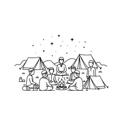 Fototapeta premium People sitting around campfire at night with tents and stars