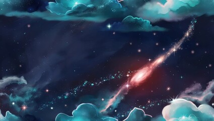 Whimsical cosmic clouds and a glowing nebula streak across the starry night sky